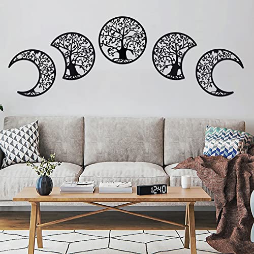 ASMANNA 5 Pcs Tree of Life Wall Art Moon Phase Wall Decor Wooden Moon Phase Wall Hanging Mandala Moon Decor Bohemian Lunar Aesthetic Art for Bedroom Living Room Dorm Apartment Office(black) - color: 2Black