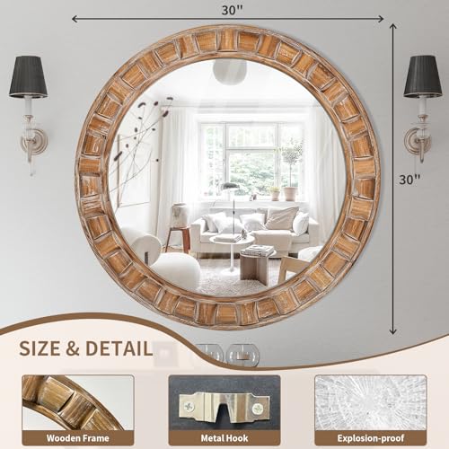 30 Inch Brown Solid Wood Round Wall Mirrors, Decorative Circle Mirror for Bathroom, Bedroom, Living Room, Hallway, Foyer, Entryway - color: B - Circle -30x30 in