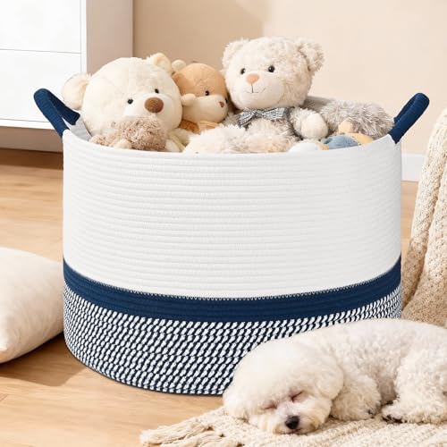67L Large Blanket Basket, 20"x13" Blanket Basket Living Room, Woven Baskets With Handle, Toy Baskets for Blankets, Nursery, Dog, Pillow, Gift (White & Navy Blue) - color: White & Navy Blue, size: 67L