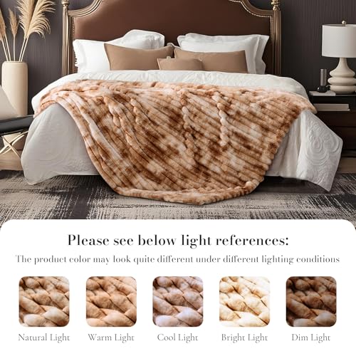 Amélie Home Faux Fur Throw Blanket for Couch, Cozy Fuzzy Fluffy Fur Luxurious Soft Striped Plush Gift Blankets for Family Sofa Chair Bedroom, 55"x70", Tie-dye Khaki - color: Striped Tie-dye Kahki, size: Throw(55"x70")