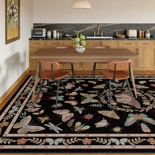 Unirea 5x7 Black Living Room Bedroom Area Rug, Large Washable Non Slip Rug for Dining Room Under Table, Kids Room, Home Office, Thin Soft Boho Stain Resistant Insect Bug Rug, Low Pile Carpet - color: Black, size: 5'x7'