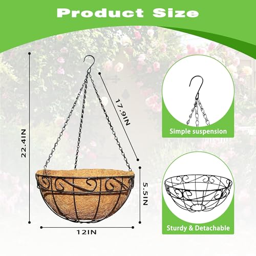 2 Pack 12 Inch Black Metal Hanging Basket Hanging Planter with Coco Coir Liner Heavy Duty Hanging Flower Pot Holder for Indoor Outdoor Patio Garden Porch Balcony Decor (Lace) - color: Lace