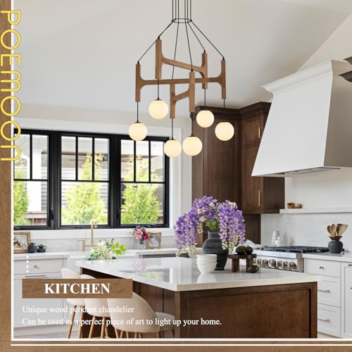 Farmhouse L28 '' Wooden Chandeliers with Milk Glass Globes Lampshades, Rustic Oak Mid Century Long Pendant Chandelier Light Fixture 6-Light for Foyer Living Dining Room Bedroom Kitchen,G9 - color: Golden Oak, size: L28 inches