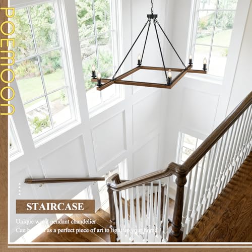 L45'' Rustic Oak Square Wood Chandeliers Farmhouse 6-Light Rectangular Candle Chandelier Unique Long Ceiling Pendant Light for High Ceiling Living Dining Room Foyer Kitchen Island,E12 - color: Golden Oak, size: 45 inches