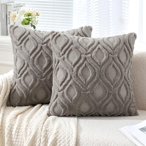MIULEE Dark Grey Throw Pillow Covers 18x18 Inch, Soft Winter Plush Faux Wool Couch Pillow Covers Set of 2 Decorative Farmhouse Boho Throw Pillows for Sofa Living Room Bed - color: Dark Grey, size: 18" x 18" (Pack of 2)
