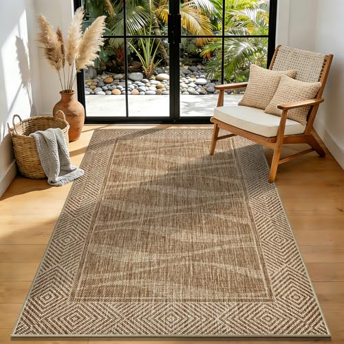 Jute Rug 3x5 Outdoor Patio Rug with Border, Washable Rugs for Entryway Porch, Farmhouse Non Slip Area Rugs with Rubber Backing, Non Shedding Carpet for Indoor Outdoor Bedroom, Courtyard, Light Brown - color: Light Brown, size: 3'x5'