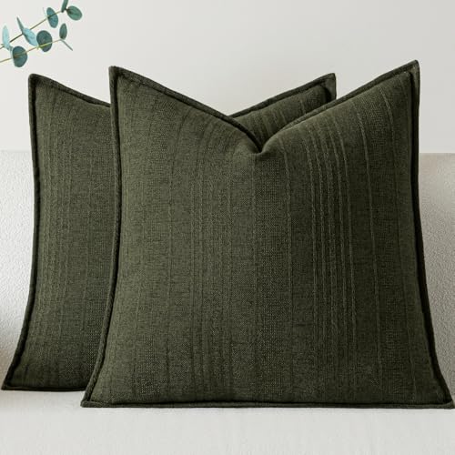a moment Linen Pillow Covers Set of 2,Boho Farmhouse Throw Pillowcases Neutral Textured Decorative Covers for Couch Sofa,Linen Blend Accent Case Cushion Living Room Home Decor 18"x18"Dark Green - color: Dark Green, size: 18" x 18" (Pack of 2)