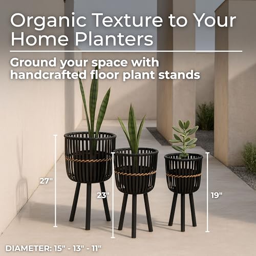 Decorative Bamboo Footed Planters for Home Decor - Garden Plant Pots for Indoor Living Room Decor or Outdoor Patio Areas - Flower Pots for Entryway and Backyard - Set of 3, 27", 23", 19", Black - color: Woven Black, size: 26" H
