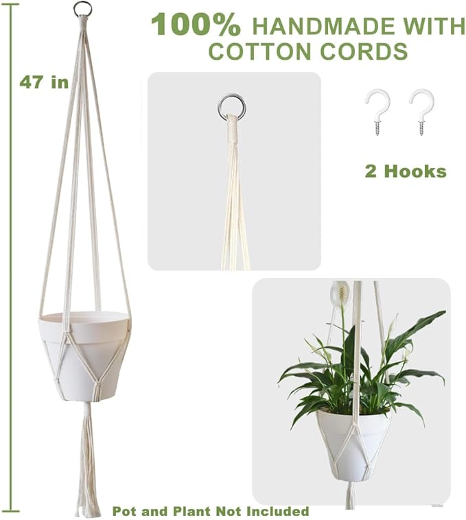 2 Pack Macrame Plant Hanger 47 Inches,Indoor Plant Hanger with Tassel for Boho Home Decor, Hanging Plant Holder with 2 Hooks (Ivory)