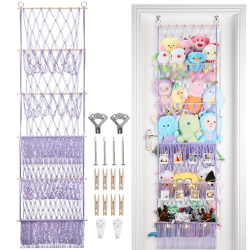 5 Tier Stuffed Animal Storage Shelf Net, 17x61 Inch Large Plushie Net w/LED Light & Clips for Mini Medium Stuffy Teddy, Purple Boho Macrame Wall Toy Holder Display for Nursery Kids Girls Boys - color: Light Purple, size: Large-5 Tier-17x61 Inch