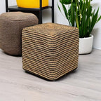 REDEARTH · Cube Pouf Foot Stool Ottoman - Jute Braided Pouffe Poof Accent Sitting Footrest for The Living Room, Bedroom, Nursery, Patio, Lounge 50% Jute 50% Cotton (14.5”X14.5”X16”; Natural Black)