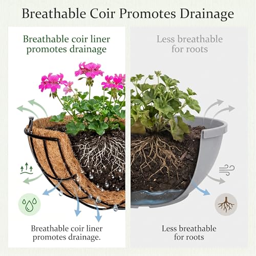 Kingbuy 10 Inch Metal Hanging Planter Basket with Coconut Fiber Liner Round Wire Hanging Plant Flower Pot for Home Garden Patio Decoration, Grid Pattern, 2 Pack - size: 10 Inch, style: Grid