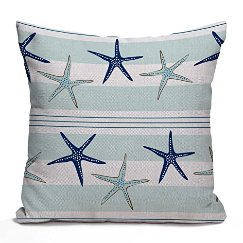 Nphuriy Coastal Navy Blue Pillow Cover, Coastal Starfish Repeat Pattern Navy Turquoise Square 16 x 16 Inches Decorative Throw Pillow Cover Cotton Linen Cushion for Sofa Bedroom Car, Blue - color: Multi 37