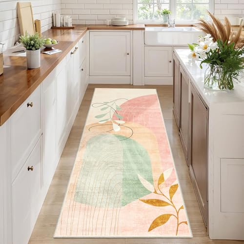 MUJOO Washable 2x6 Runner Rugs for Kitchen Hallway Bedside Bathroom Laundry Room Bedroom Floor,Boho Long Area Rug Non Slip Carpet Throw Rug Mid Century Modern Abstract Botanical Geometric Pink - color: Pink（modern）, size: 2' x 6' (Rectangular)