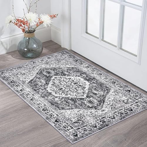 KOZYFLY Small Area Rug 2x3 Ft Rugs for Entryway Washable Entry Rug Non Slip Door Mat Indoor Entrance Printed Faux Wool Vintage Kitchen Rug Throw Rugs for Entrance Kitchen, Grey - color: Grey/Blue, size: 2' x 3' (Rectangular)