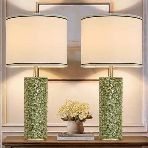 27" Tall Farmhouse Table Lamp Set of 2, Large Ceramic Bedside Lamps for Bedroom Living Room, 3-Color Temperature Dimmable Nightstand Lamps with Bulbs Included, Modern Home Decor (Light Green) - color: Light Green, size: 27"