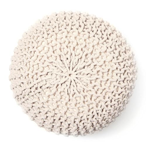 · REDEARTH · Round Pouf Ottoman - Cable Knitted Boho Poof - Home Décor Cord Pouffe Handmade Circular Footrest for Living Room - Bedroom - Kids Bedroom - 100% Cotton Pouf (19.5"x19.5"x14") - Natural - color: Ivory, size: 19.5"D x 19.5"W x 14"H