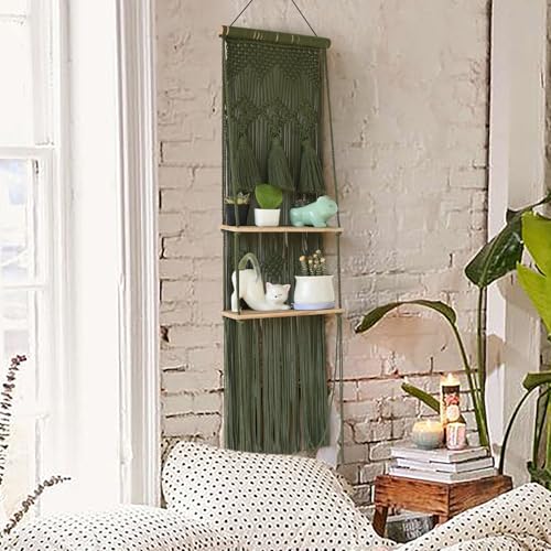 Flber Hanging Shelf Macrame Wall Hanging Green Boho Shelfs with Tassels 2 Tier Floating for Plants Bedroom Dorm Living Room Wall Decor Rustic Wooden Organizer(Wood) - color: Green1