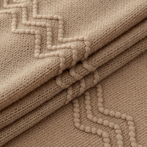 MIULEE Tan Taupe Knitted Throw Blanket for Couch Boho Textured Cozy Woven Blanket with Tassels for Sofa Chair Bed Living Room Farmhouse Home Decor Acrylic Wave Pattern 50"x60" - color: Tan Taupe, size: 50" x 60"