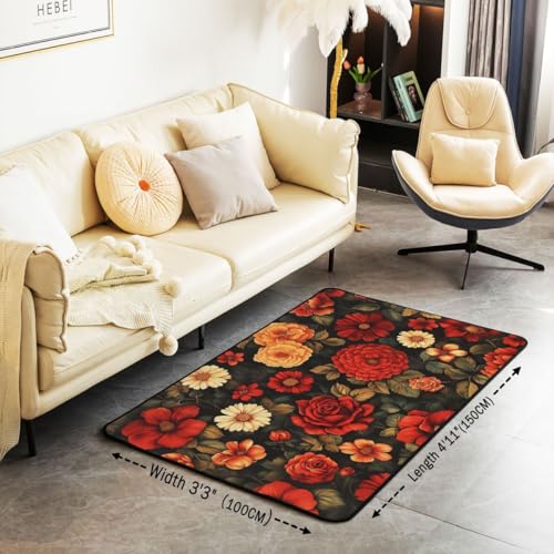 Erosebridal Retro Floral Area Rug 4'11" x 3'3" Black Dark Romantic Living Room Rugs Red Orange Peony Decorative Carpet Vintage Flowers Indoor Floor Mat - color: Black Red Yellow, size: 3'3" x 4'11" (Rectangular)