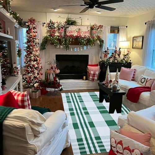 Christmas Plaid Outdoor Rug, 4' x 6' Green&White Checkered Indoor/Outdoor Area Rug, Layering Rug for Hello/Welcome Door Mat, Machine Washable Cotton Woven Rug for Farmhouse Front Porch, Entryway - color: Green & White Plaid X, size: 4' x 6' (Rectangular)