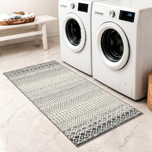 Moroccan Rug Runners for Hallways, 2x5 Ultra Soft Non-Slip Washable Rugs for Bedroom, Low Pile Distressed Black Rug Carpet Runner for Entryway Kitchen Bedroom Laundry Room - color: Black, size: 2' x 5' (Runner)