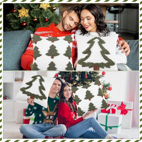 FuWeave 2 Pcs Tufted Christmas Tree Throw Pillow Cover 18 x 18 Inch Winter Throw Pillow Covers White Decorative Farmhouse Pillowcase for Holiday Party Winter Couch Home