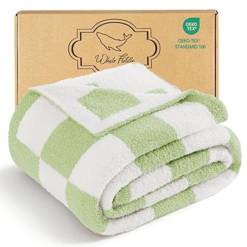 Whale Flotilla Checkered Knit Blanket Queen Size, Ultra Soft Warm Reversible Cozy Decorative Blankets for Couch Sofa and Bed, 90x90 Inch, Light Green - color: Light Green Checker, size: 90x90 Inch