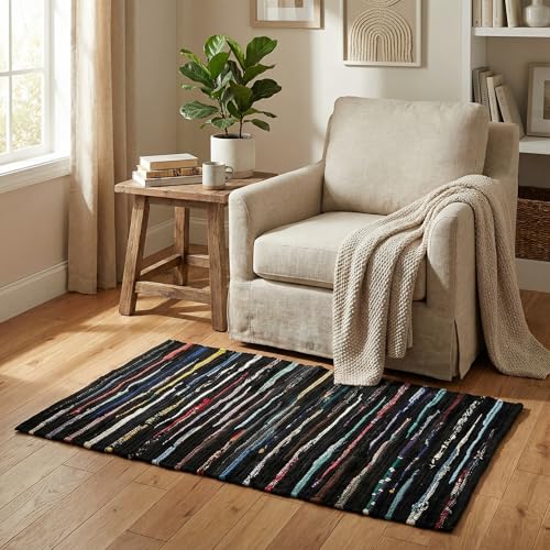 Cotton Hosiery Hand Woven Area Rug 2x3 Feet - Dark Multi, Accent Decorative Farmhouse Reversible Throw Indoor Carpet Ideal for Entryway, Kitchen, Laundry | Black Small Soft Floor Mat for Nursery - color: Dark Multi Hoisery, size: 2 x 3 feet
