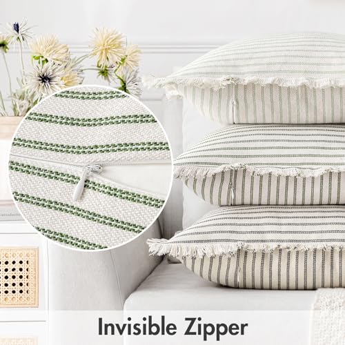 MIULEE Pack of 2 Olive Green Christmas Pillow Covers 18x18 Inch Striped Farmhouse Couch Spring Throw Pillow Covers with Fringe Chic Linen Decorative Cushion Covers for Sofa Living Room Bed Home Decor - color: Olive Green, size: 18" x 18" (Pack of 2)
