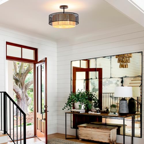 15.7-inch semi-recessed Ceiling Light with a Double-Drum Bohemian Rattan Woven Pendant, Suitable for bedrooms, Living Rooms, Dining Rooms, porches, and Kitchens. - color: 15.7'' Rattan&Hemp rope Black