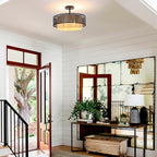 15.7-inch semi-recessed Ceiling Light with a Double-Drum Bohemian Rattan Woven Pendant, Suitable for bedrooms, Living Rooms, Dining Rooms, porches, and Kitchens. - color: 15.7'' Rattan&Hemp rope Black