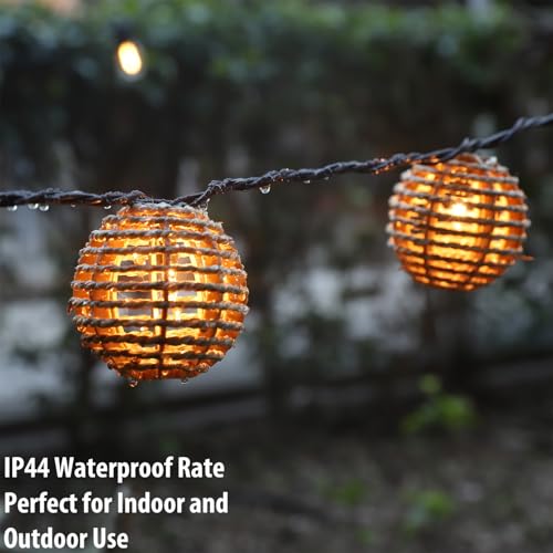 Decorative Outdoor Patio String Lights, Seagrass Rattan Wire Ball Style Lantern String Lights, Connectable Weatherproof Indoor Outdoor Globe Boho String Light for Home Pergola Garden Party Backyard - style: Seagrass Rattan Wire Ball