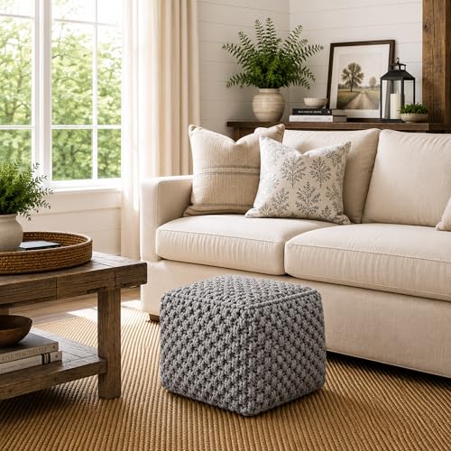 Casafield Square Pouf Ottoman, Light Gray 18.5" W x 18.5" D x 14.5" H Cotton Knit Foot Stool - Boho Floor Pouffe for Living Room, Bedroom, Home Office - color: Light Gray, size: 18.5"D x 18.5"W x 14.5"H