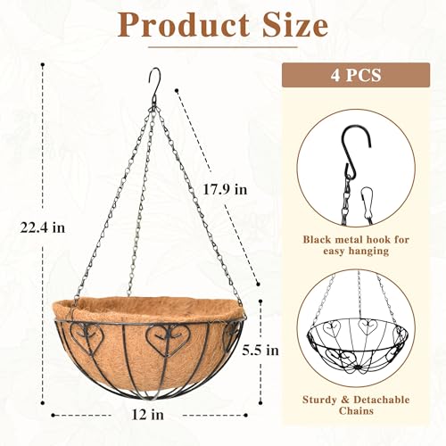 4 Pack Hanging Planter for Outdoor Plants 12 inch Metal Hanging Flower Basket with Coco Coir Liner Round Wire Plant Holder Chain Flower Pots Outdoor Garden Decoration Watering Hanging Baskets（AX） - size: 12" x 4 Pack, style: Heart-shaped