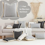 CARRIE HOME Modern Farmhouse Grey Pillow Covers 18x18 with Tassels 1 Pack, Neutral Gray Striped Throw Pillow Covers 18 x 18, Grey Cotton Woven Boho Couch Pillows for Couch Bed (No Pillow Inserts) - color: Grey (With Tassels), size: 18" x 18" (Pack of 1)