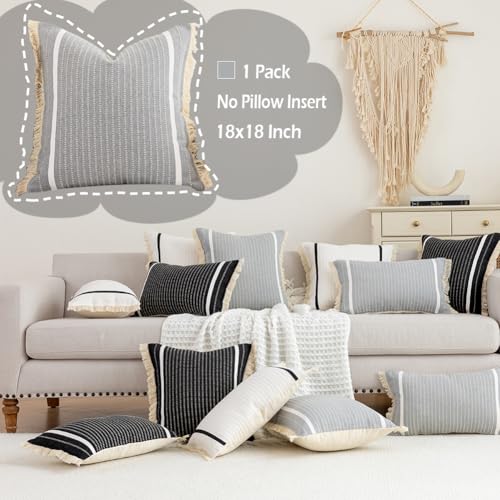 CARRIE HOME Modern Farmhouse Grey Pillow Covers 18x18 with Tassels 1 Pack, Neutral Gray Striped Throw Pillow Covers 18 x 18, Grey Cotton Woven Boho Couch Pillows for Couch Bed (No Pillow Inserts) - color: Grey (With Tassels), size: 18" x 18" (Pack of 1)