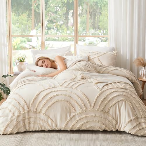 ENJOHOS Boho Comforter Set 3PC, Full Size, Beige, Dorm Bedding Sets for College Girls, Tufted Rainbow Design, Fluffy Lightweight Breathable Microfiber Comfoter - color: Beige Comforter, size: Full