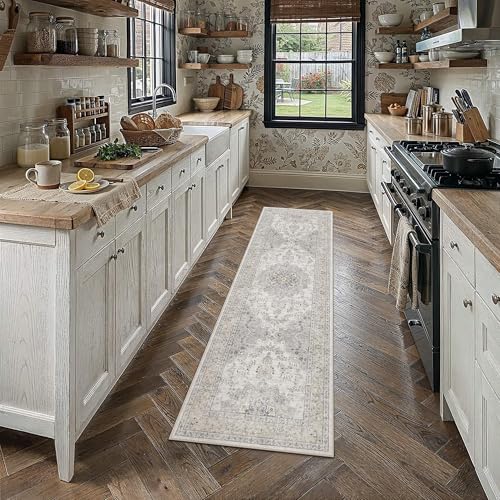 HUGEAR Hallway 2x6 Runner Rugs Machine Washable Rugs Vintage Grey Non-Shedding Low Pile Persia Throw Carpet Non Slip for Living Room Bedroom Dining Room Kitchen Office Home Decor - color: Beige / Grey, size: 2' x 6' (Runner)