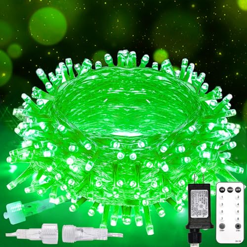 suddus 100 LED Green Christmas Lights with Remote, Clear Wire Green String Lights Plug in, 33ft Waterproof Dimmable Connectable String Lights Outdoor for Tree, Window, St Patrick's Day Decor - color: Green, size: 100LED Connectable