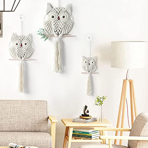 MVSUTA Owl Ivory Cotton Handmade Macrame Wall Hanging Tapestry Home Decor Art Cream Craft Wonderful Decoration Woven Beige Boho Ornament for Office Bedroom Apartment Living Nursery Gallery,3pcs - color: Ivory, size: 3pcs set:1pc L & 1pc M & 1pc S