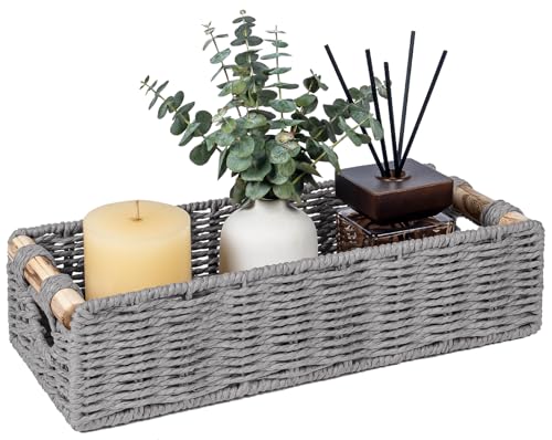 CubesLand Back of Toilet Storage Basket for Organizing w/Cut Out Handle, Handwoven Toilet Tank Top Paper Baskets, Small Wicker Decorative Basket for Countertop, Home, Living Room, Nursery, Grey - color: Grey, size: S-12.99" (L) X 6.29" (W) X 3.15" (H)
