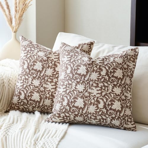 FIOUOVO Floral Throw Pillow Covers 18x18 Farmhouse Block Print Pillow Covers Decorative Pillow Covers Couch Pillows for Living Room Vintage Accent Sofa Pillows Set of 2, Brown - color: Brown, size: 18" x 18" (Pack of 2)