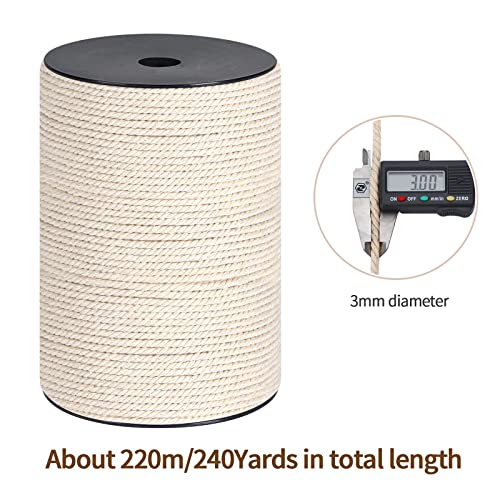 Macrame Cord 3mm x 240Yards（720Feet, Natural Cotton Macrame Rope - 3 Strands Twisted Macrame Cotton Cord for Wall Hanging, Plant Hangers, Crafts, Gift Wrapping and Wedding Decorations - color: Natural Color, size: 0.12 in x 240 yd