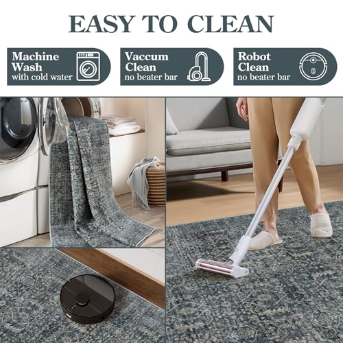 Collive Washable Area Rug 8x10, Vintage Distressed Rugs for Living Room Rugs 8x10 Non Slip Modern Bedroom Carpet Stain Resistant Aesthetic Print Accent Floor Mat for Dining Office - Blue/Grey - color: Blue/Grey, size: 8' x 10' (Rectangular)