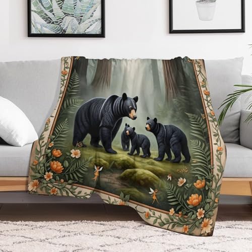 Fantasy Black Bear Forest Tree Flower Super Soft Throw Blanket, Mystical Fairy Green Flannel Fleece Decorative Throw for Sofa Couch Bedroom Decor Outdoor Use 50"x60" - color: Fantasy Black Bear Forest Tree Flower, size: 50"x60"
