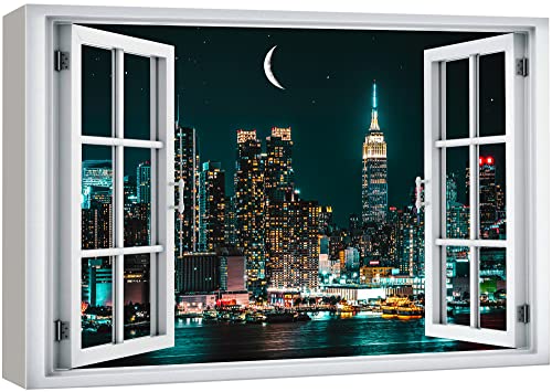 wall26 Canvas Print Wall Art Window View Futuristic Night New York City Skyscraper Wilderness Nature Photography Realism Urban Landscape Colorful Multicolor for Living Room, Bedroom, Office - 12"x18" - color: A34-2204-win24, size: 18"L x 12"W