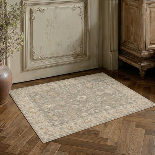 HUGEAR 2x3 Washable Vintage Entryway Area Rug Brown Neutral Distressed Low Pile Non Slip Soft Small Carpet Indoor Door Mat Throw Rug for Entrance Kitchen Bathroom Laundry Room - color: Brown, size: 2' x 3' (Rectangular)