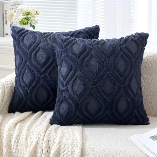 MIULEE Navy Blue Throw Pillow Covers 18x18 Inch, Soft Winter Plush Faux Wool Couch Pillow Covers Set of 2 Decorative Farmhouse Boho Throw Pillows for Sofa Living Room Bed - color: Navy Blue, size: 18" x 18" (Pack of 2)
