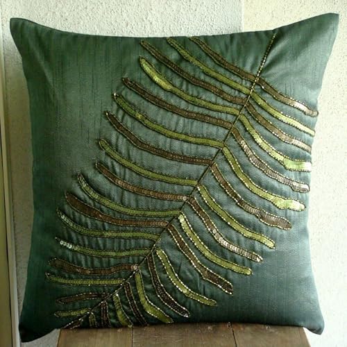 HomeCentric Decorative Dark Green 16x16 inch Silk Throw Cushion - Tropical Designer with Floating Leaf Pattern - color: 3. Dark Green (Floating Leaf), size: 16" x 16" (Pack of 1)
